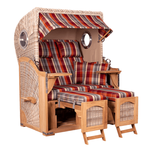 Strandkorb DÜNE Rot-Grau gestreift 584 – inkl. gratis Feuerschale