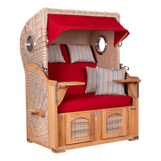 Strandkorb DÜNE Rot mit buntem Kissen 585 – inkl. gratis Feuerschale