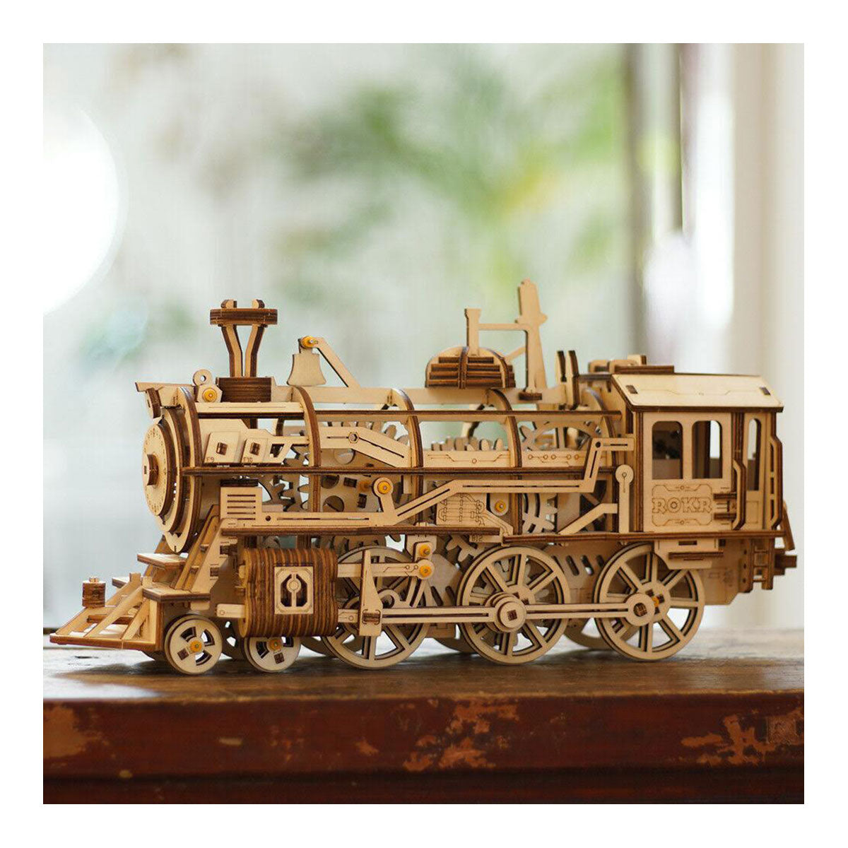 3D-Holzpuzzle, Mechanische Dampf Express Eisenbahn, beweglich durch Federmechanismus