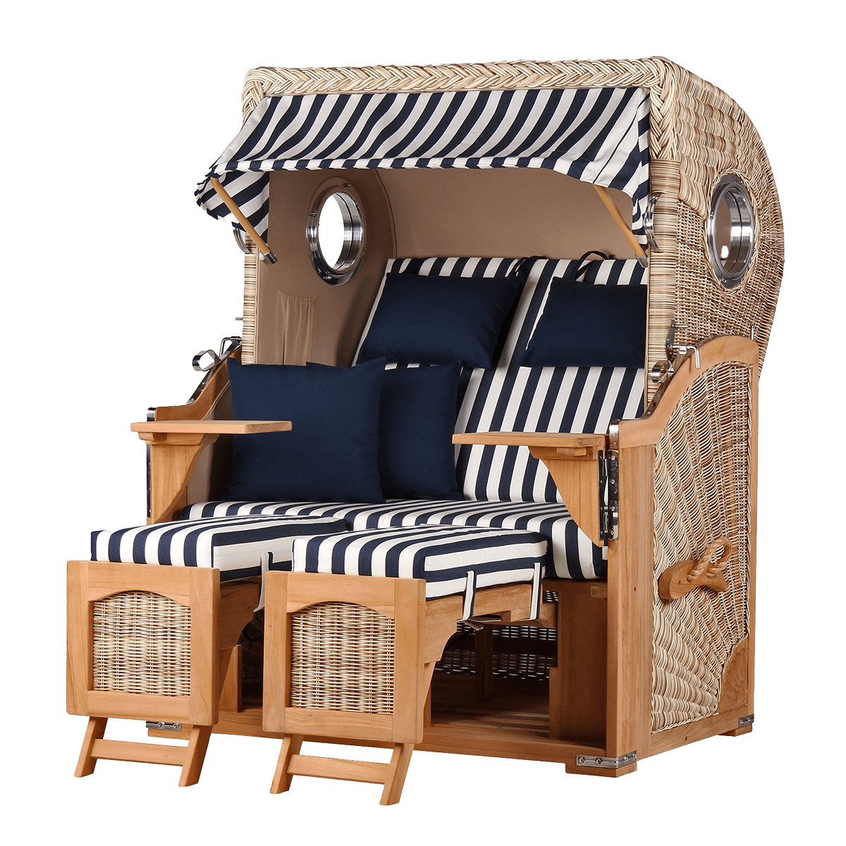 Strandkorb DÜNE, Design 01436 blau-weiß gestreift – inkl. gratis Feuerschale