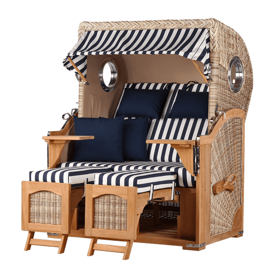 Strandkorb DÜNE, Design 01436 blau-weiß gestreift – inkl. gratis Feuerschale