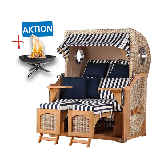 Strandkorb DÜNE, Design 01436 blau-weiß gestreift – inkl. gratis Feuerschale