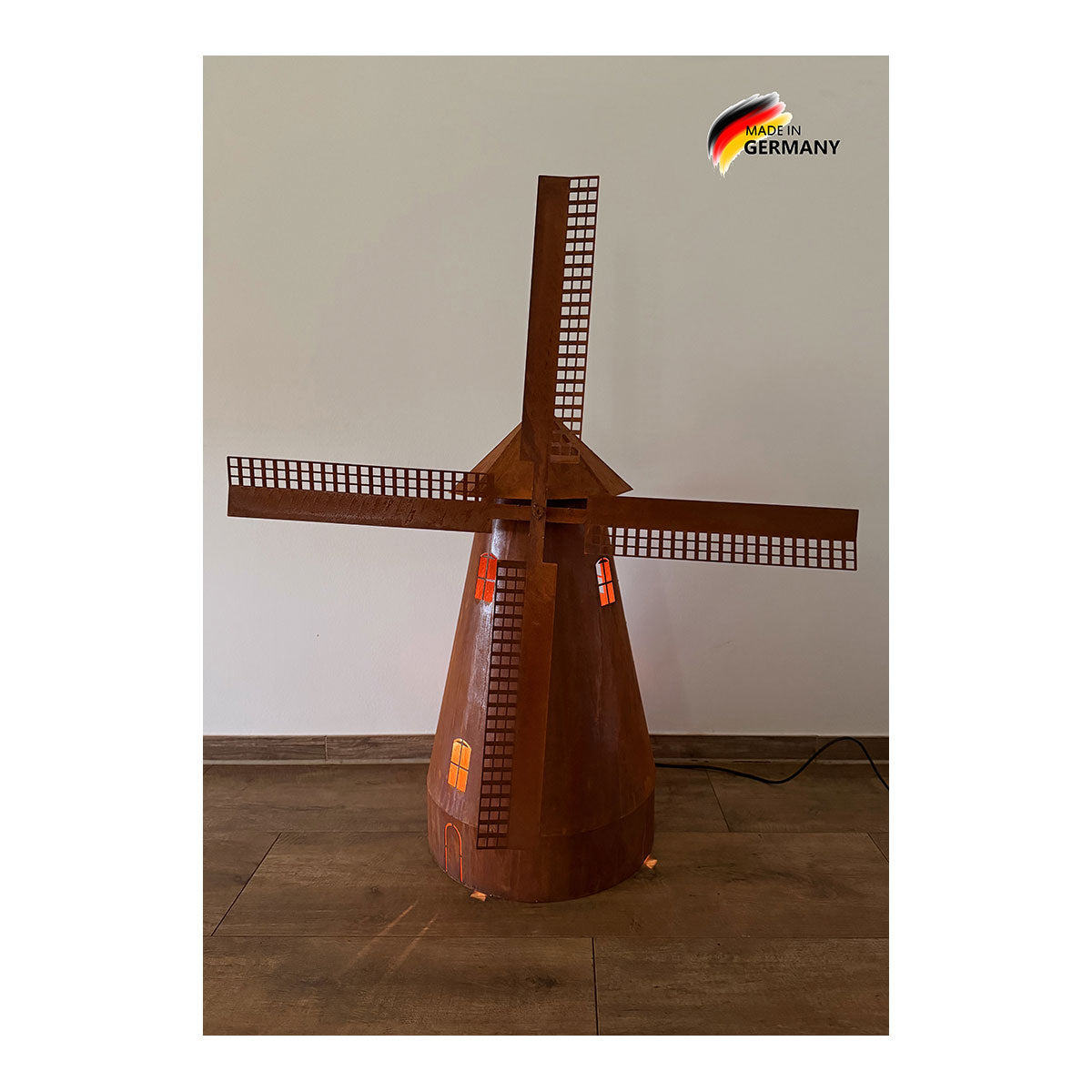 Drehbare Windmühle Edelrost, inkl. Beleuchtung
