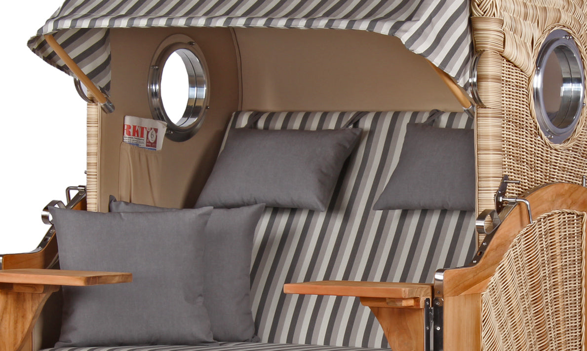 Strandkorb DÜNE, Design 01424 grau gestreift – inkl. gratis Feuerschale