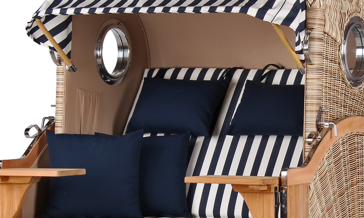 Strandkorb DÜNE, Design 01436 blau-weiß gestreift – inkl. gratis Feuerschale