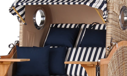 Strandkorb DÜNE, Design 01436 blau-weiß gestreift – inkl. gratis Feuerschale